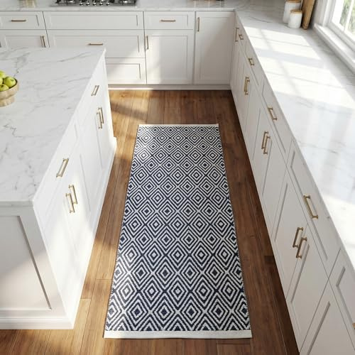 Rug Area Rugs 2x5 Ft Navy Cotton Diamond for Livingroom Bedroom Washable RagRug Reversible Farmhouse Kitchen RunnerRug Carpet Indoor Area Runner Mat for Hallway, Entryway-24x60 Inches