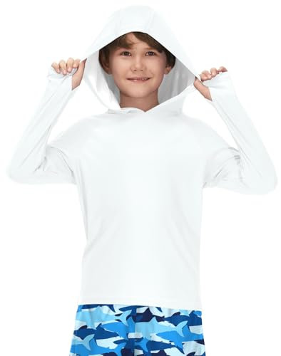 BesserBay Kinder Weiß Jungen UV Shirt Schwimmshirt Bademode Kapuzen mit UV-Shutz UPF 50+ Rashguard 160