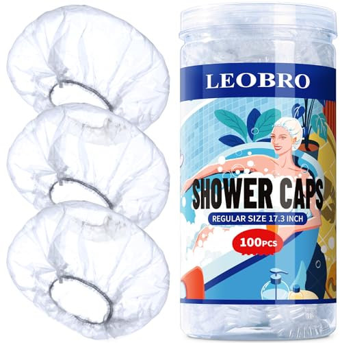 LEOBRO Disposable Shower Caps, 100PCS Shower Caps, Shower Cap for Women Waterproof, Disposable Clear Plastic Shower Cap for Women, Thick Plastic Caps for Hair Treatment, Regular Size 17.3 INCH