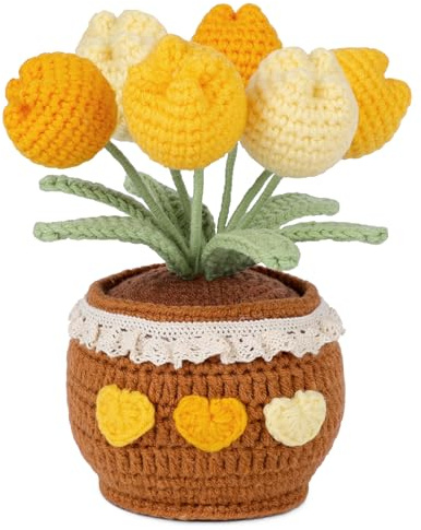 Lovmeety Tulipanes amarillos de ganchillo en maceta, hecho a mano, flores de ganchillo en maceta, ramo de flores de punto con acabado de flores falsas, regalo para novia, mujer, decoración del hogar y