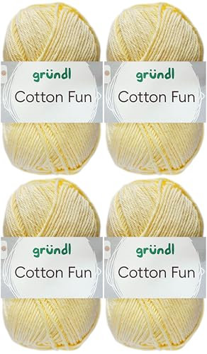 4x50 Gramm Gründl Cotton Fun Häkelgarn aus 100% Baumwolle inkl. Anleitung für Einkaufsnetz (22 Pastellgelb)