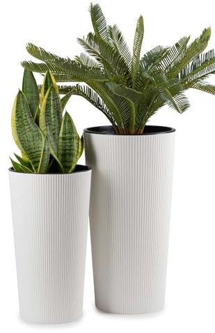 HowHomely 2 x blomkrukor, stor med blomkruka, insats | vit planteringskruka stor av plast för dekoration vardagsrum eller trädgård | Set med 2 blomkrukor (30 x h 57 cm och 25 x h46)