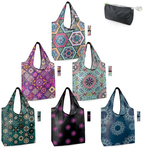 BeeGreen Boho Gifts for Women Geometric Reusable Grocery Bags Mandala Shopping Bags Bulk 6 Pack 50LBS X-Large Foldable-Machine Washable-Heavy Duty Mandana Yoga Gifts