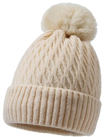 MUNSKT Bonnet d'hiver pour Femme, Bonnet Chaud en Tricot torsadé avec Doublure en Polaire Thermique, Chapeau à Pompon pour l'extérieur, Le Ski en Plein air, Chapeau en Laine (Beige)