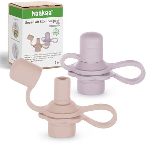 haakaa Lot de 2 becs verseurs multifonctionnels en silicone de qualité alimentaire, bouchon de poche anti-déversement, pour tout-petits, 100 % silicone de qualité alimentaire (blush + lavande)