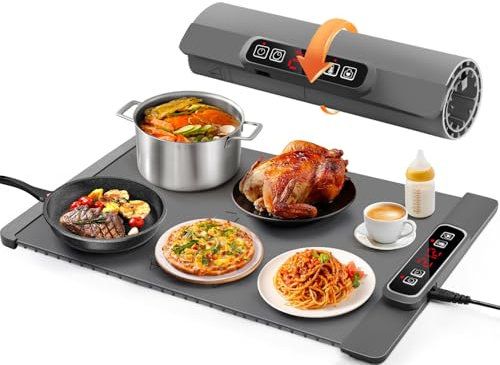 AUTOPkio Chauffe Assiette Électrique, Plateau Chauffante Pliable avec 5 Température 4 Timing Auto-Off Verrouillage Enfants Plaque Plat Shabbat pour Buffets Fête Banquet