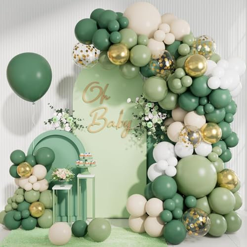Sage Green Balloon Garland Arch Kit,Sage Green Olive White Gold Balloons Metallic Confetti Balloons for First Communion Safari Baby Shower Birthday Baptism Decorations