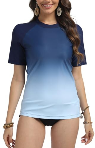 SURFEASY UV Shirt Damen Kurzarm Rash Guard Shirt Schnelltrocknen Rundhals Schwimmshirt Bademode (Marineblau Farbverlauf, M)