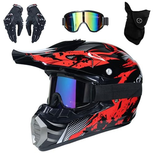 Caschi da Moto Per Bambini, ATV, Casco Integrale Per Bambini con Cinturino Regolabile Per Il Mento, Per Ragazzi E Ragazze, Per Bici da Cross, BMX, con Occhiali, Maschera E Guanti, Omologato DOT(S(52-5