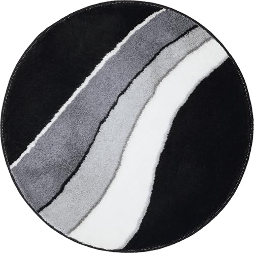 Erwin Müller Badematte Veria mit Wellenmuster grau-schwarz Größe rund: 80 cm Ø - flauschig weicher Flor, Untersete rutschhemmend, für Fußbodenheizung geeignet