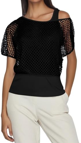 Deguisement Tee Shirt Blanc Fluo Femme Haut Ete Sport Resille Top Paillette Y2k en Maille Grande Taille Tenue Medievale Épaules Dénudées Vêtements Gilet Tshirt Disco Noir XXL