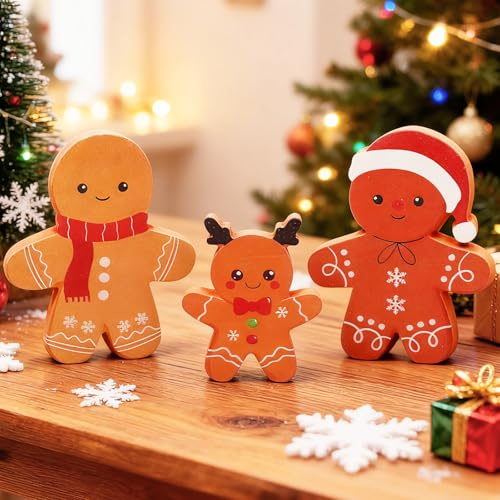 3 Pièces Décoration de Plateau de Noël Ornements de table en bois, Ornement Bonhomme De Pain D'épice, Noel Figurine Decoration Table, Mignon Décoration D'Intérieur de Noël décoratif