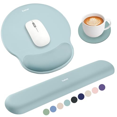 Sushret Mouse Mat and Keyboard Wrist Rest Set, 3-in-1 Gel Memory Foam Ergonomic Mouse Pad with Wrist Support, Gaming Mousepad Arm Cushion for Computer Office Desk Accessories Cute Setup,Seafoam Blue