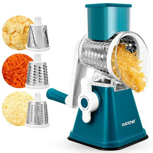 NutriChef Mandolina per Verdure 3 in 1 e Grattugia Formaggio per Cucina, Affetta Verdure con 3 Lame Intercambiabili, Base a Ventosa e Manovella con Blocco Sicurezza, Accessori Cucina, Verde