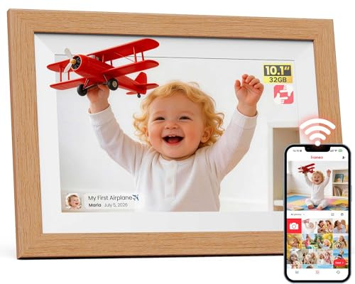 Frameo - Cornice per foto digitale WiFi, in legno naturale, 1280 x 800 mm, con schermo tattile HD, IPS, elettronica, memoria da 32 GB, rotazione automatica, cornice digitale per condividere foto e