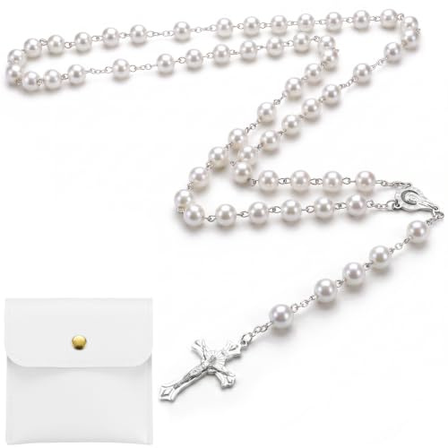 TIHNY White Catholic Rosary Beads Necklace, 80cm/31 Glass Pearl Prayer Beads with Crucifix, Unisex Adult for Women Men, Gift Bag Included