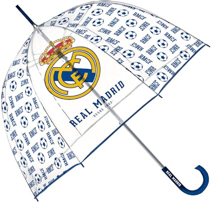 ARDITEX Paragüas Real Madrid para Niños, Eva Transparente, Forma de Burbuja, 8 Paneles, Diámetro 67 cm, Apertura Manual, Regalo Ideal