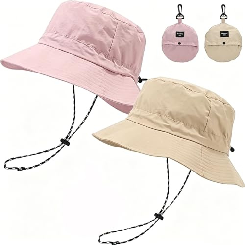 DXPETA 2Pcs Waterproof Bucket Hat for Women and Men,Foldable Unisex Wide Brim Sun Hats,UV Protection Outdoor Sun Adjustable Size Pink