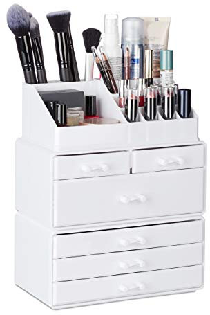 Relaxdays, weiß Kosmetikorganizer mit 6 Schubladen, 22 Fächer Make Up Organizer, Große Schmink-Aufbewahrung aus Acryl, 1