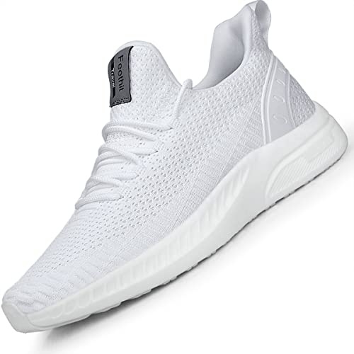 Feethit Mens Slip On Walking Shoes Blade Tennis Shoes Non Slip Running Shoes Lightweight Workout Shoes Breathable Mesh Fashion Sneakers All White Size 7.5