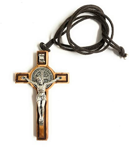 IL SOLE Croix de Saint Benoît en bois d'olivier H7 cm, Plaque religieuse murale, Décoration religieuse murale, Salle de séjour, Chambre, à manger