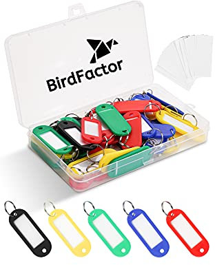 50 Stück Schlüsselanhänger beschriftbar mit Etiketten – 5 Farben, Kunststoffbox mit extra Etiketten, Schlüssel Anhänger und Schlüsselschilder mit Ring auch für Haustiere, Gepäckstücke oder USB Sticks