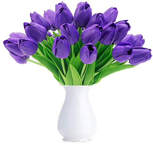 HAOSHICS Tulipanes artificiales falsos de Holanda, ramo de flores de látex para boda, hogar, hotel, fiesta, jardín, multicolor, 10 unidades (morado oscuro)