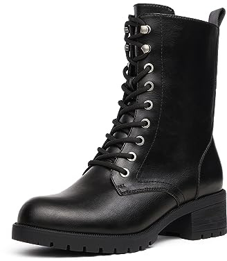 DREAM PAIRS Women's Mid Calf Combat Boots | TPR non-slip outsole, 2 heel, lace-up metal eyelet, side zip, hiking/camping/daily