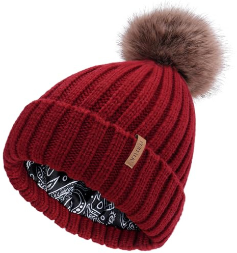 FURTALK Beanie Hats Women Satin Lined Knitted Hat Detachable Pompom Soft Feel Winter Hat Breathable for Girls