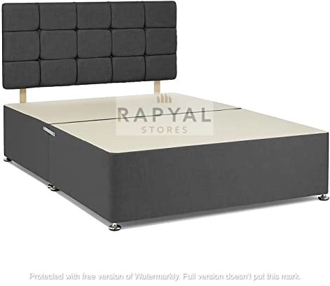 Rapyal Sleep Reinforced Heavy Duty Divan Bed (CHARCOAL FABRIC DIVAN BED BASE + FAYGO HEADBOARD 20, 4FT6 DOUBLE 135CM X 190CM)
