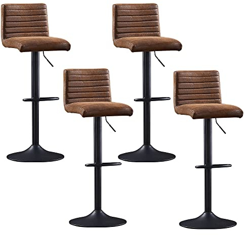 AINPECCA Swivel Bar Stools Set of 4- Vintage Suede Fabric Brown Barstools with Black Base, Kitchen Island Stools, Height Adjustable Bar Chairs with Back for Island Counter, Pub, Bistro