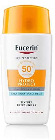 Eucerin Sun Face Hydro Protect Ultra-Light Fluid FPS 50+ (50 ml), crema facial solar con filtros UVA/UVB, protección solar 50+ en fluido extraligero, crema de sol apta para todo tipo de pieles