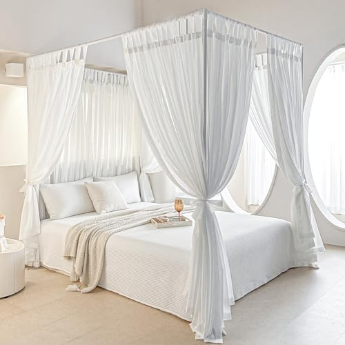 AIKASY Canopy Bed Board with Top and Self-Adhesive Strips, White Gauze Princess Bed Canopy Curtain Tent, Creating a Romantic Atmosphere in the Room（Full/Queen，White）