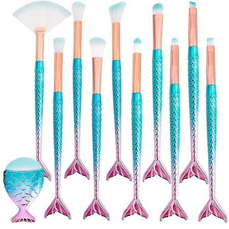 Pinceles de Maquillaje de Sirena,Profesional Brochas de Maquillaje 11 Piezas Forma de Cola de Sirena Cepillo de Maquillaje para Sombra de Ojos, Corrector, Delineador de Ojos