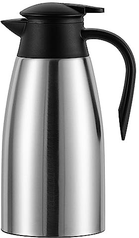 Dyserbuy 2L Thermal Coffee Carafe, Double Walled Vacuum Insulated Jug, Coffee Pot with Press Button Top, Stainless Steel Thermal Jug, Keep Hot & Cold Water, Silver