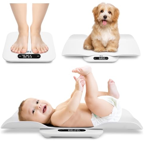 TIPRE Báscula digital para bebés, báscula de peso para bebés con bandeja desmontable, pantalla LED de rotación automática, múltiples modos de pesaje para niños, mascotas y adultos de hasta 180 kg