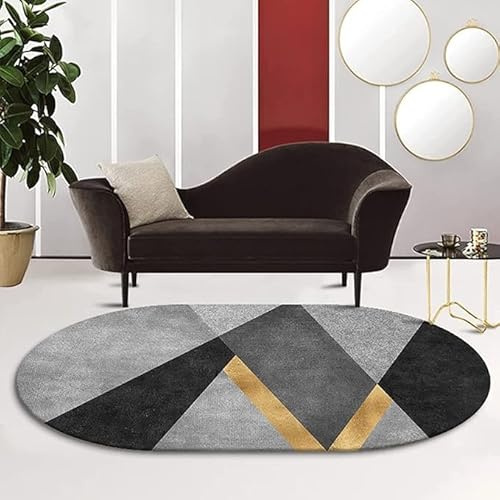 Tappeti Design Teppich Oval, Modern Kurzflor antirutsch Waschbar Grau-Schwarz-Gold Korridor Schlafzimmer, Küche, Wohnzimmer Oval 120X160CM