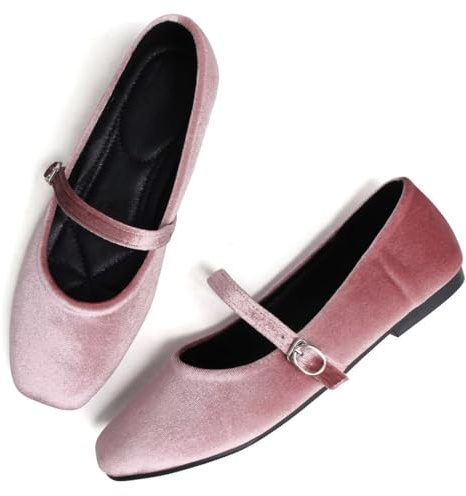 TN TANGNEST Women's Mary Jane Flats Classic Retro Velvet Ballet Flats Comfortable Square Toe Slip On Flats Soft Buckle Strap Flats Pink 40(8.5)