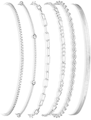 Relveo Silver Bracelets for Women, Bracelets Stack Trendy Jewelry Sets Stackable Snake Chain Figaro Paperclip Link Chain Adjustable Bracelet Pack Jewelry for Women