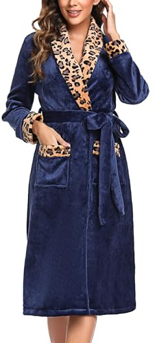Marvmys Robe De Chambre Femme En Polaire Douce Peignoir De Bain Femme Peignoir En Tissu Éponge Absorbant Avec Poche Et Ceinture à Col En V Imprimé Léopard A-Bleu Marine S