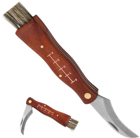 Couteau à Champignons Mycologique Avec Brosse - Pliant de Jardinage et d'Extérieur - Manche en Bois - à Greffer