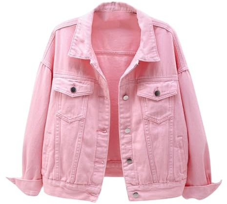 Damen-Jeansjacken Einfarbig Geknöpft Übergangsjacke Kurze Vintage Jeansjacke Kurzjacke Jacke Dünne Oversize Leichte Denim Jacket Jeansjacken Frühlingsjacke Damenjacken Rosa L