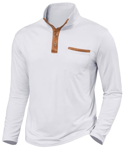 Halfword Long-Sleeve T-Shirts Mens Polo Henley Shirts Golf Grandad Collar Tops Pocket Casual Regular Fit White L