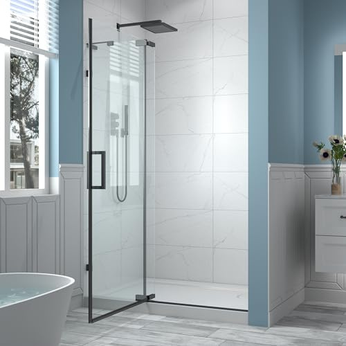ComfyStyle 44-48 W x 70 H Frameless Pivot Shower Door, 5/16(8mm) Clear SGCC Tempered Glass Shower Doors, Matte Black Hinged Shower Glass Door, Reversible Installation