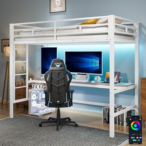 Zepneiy Cama alta 90 x 200 cm con tira de luz de control de cable y enchufe USB, cama alta con barandilla y escalera de mano, cama juvenil individual blanca (sin colchón)
