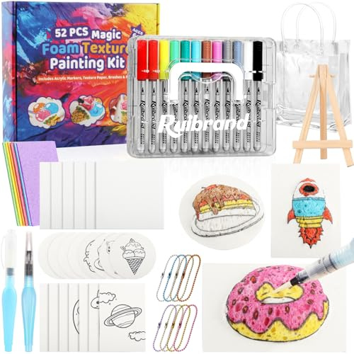 52 Pcs Magic Foam Texture Painting Kit, Magic Puffy Paint 3D Drawing Canvas Sponge - Includes 28Pcs Foam Paint Paper, 12 Colors Markers with 2Pcs Water Brush for Painting, Art, Craft Supplies