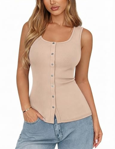 Aottori Tank Top Women Button Front Scoop Neck Ribbed Slim Fit Beige L