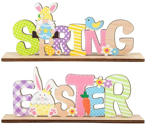 2 Pcs Easter Table Decorations, Easter Bunny Spring Gnomes Wooden Standing Table Sign, Spring Decorations, Lovely Tabletop Ornaments for Indoor Home Party Kitchen Centerpieces