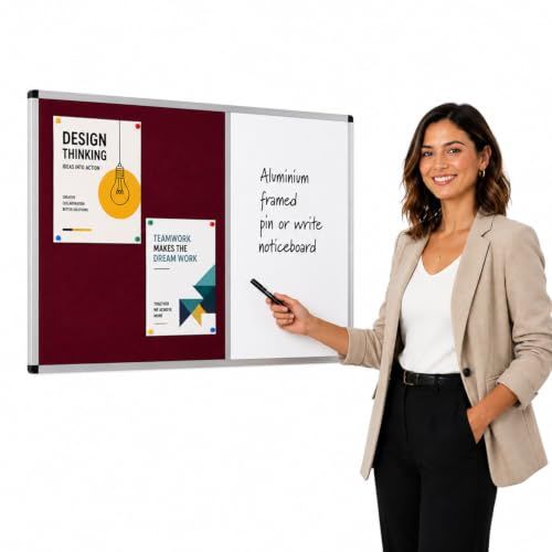 Wonderwall Combination Noticeboard & Whiteboard 90 x 60cm, Burgundy | Burgundy combination board, magnetic dry-wipe whiteboard plus pinnable felt noticeboard
