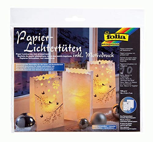folia 11922 - Lichtertüten aus schwer entflammbarem Papier, 10 Stück, 5x blanko, 5x mit Motivdruck Vogelzweige, ca. 19 x 11,5 x 7 cm, stimmungsvolle Tischdekoration im Advent und zu Weihnachten